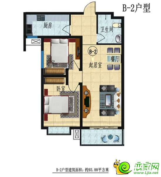 圣水湖畔B2戶(hù)型 7#、10#樓 2室2廳1衛(wèi) 約95平米