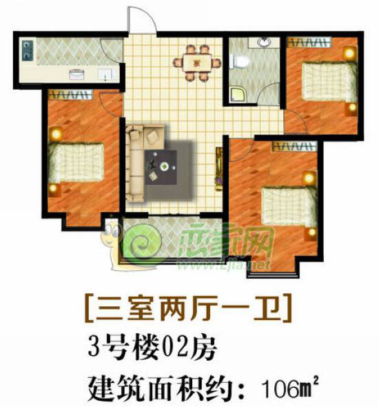 玉如意3號樓中戶 三室兩廳一衛(wèi) 106平方米