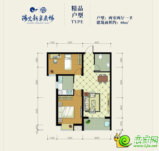 陽光新卓廣場88平方米兩居室戶型