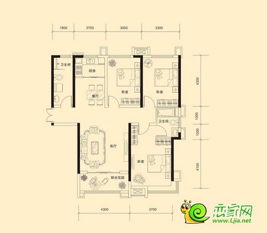 金百合經(jīng)典戶型 3室2廳2衛(wèi) 約137.92平米