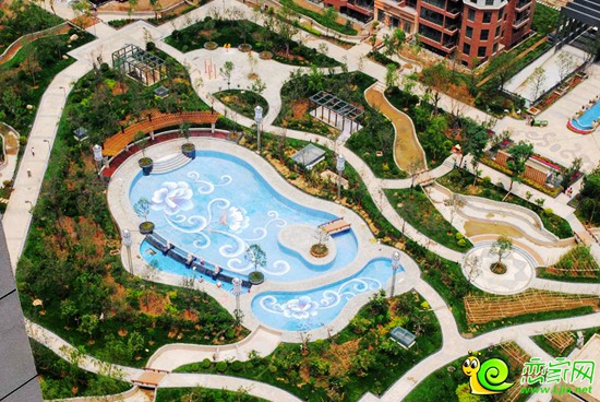 萬浩錦河灣小區(qū)內園林俯瞰實景圖