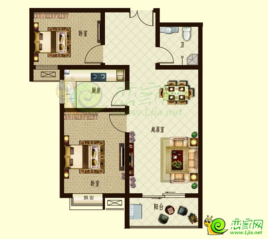 錦繡江南92.64㎡戶型圖（兩室兩廳一衛(wèi)一陽(yáng)臺(tái)）