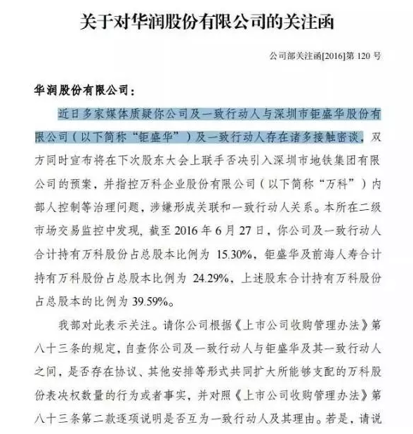 深交所給華潤(rùn)的關(guān)注函